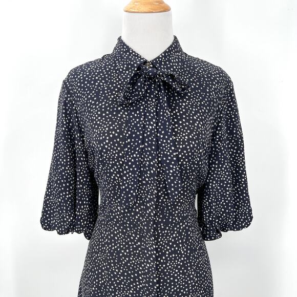 LK BENNET Tillila Silk Star Print Tea Dress Women 4 Navy Blue Beige Puff Sleeve - Picture 5 of 16